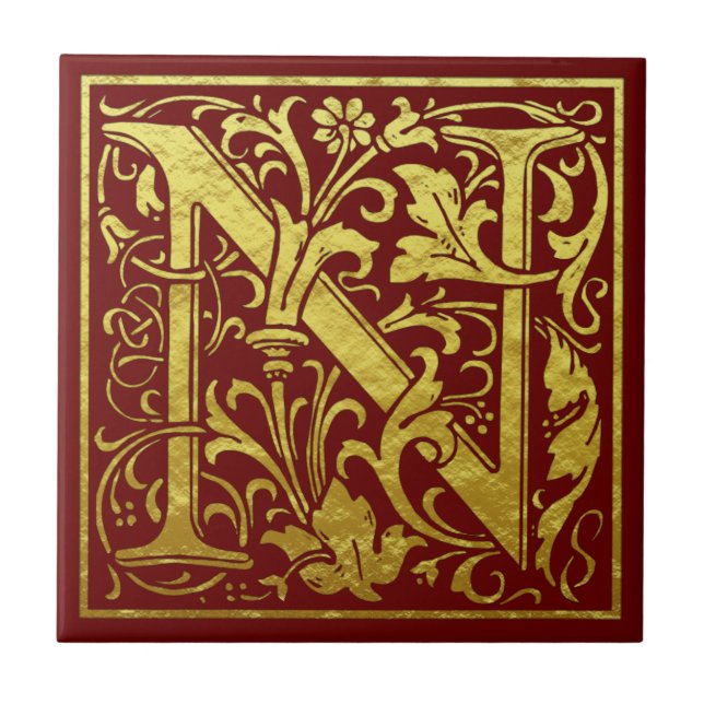 Letter N First Letter Faux Gold Red Ceramic Tile (Front)