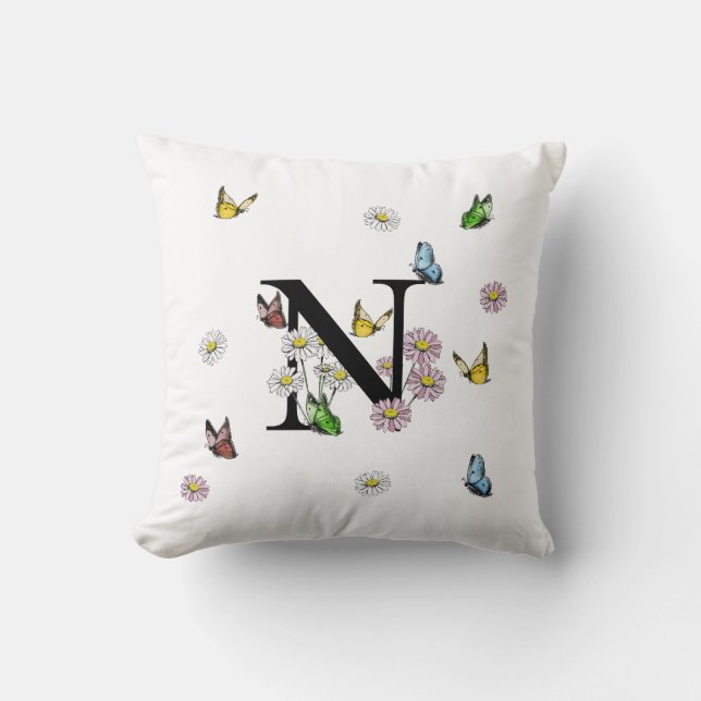 Letter N Floral Butterfly Monogram Initial  Cushion (Front)