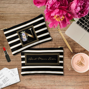 Letter N Floral Monogram Black White Gold Stripes Accessory Pouch