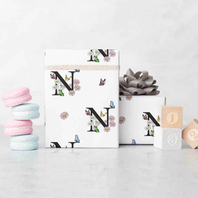 Letter N Floral Watercolor Butterfly Monogram   Wrapping Paper (Baby Shower)
