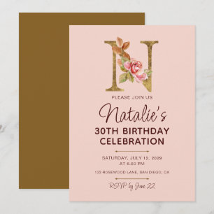 Letter N Gold Monogram Blush Pink Roses Invitation