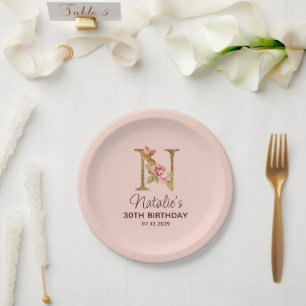 Letter N Gold Monogram Blush Pink Roses Paper Plate
