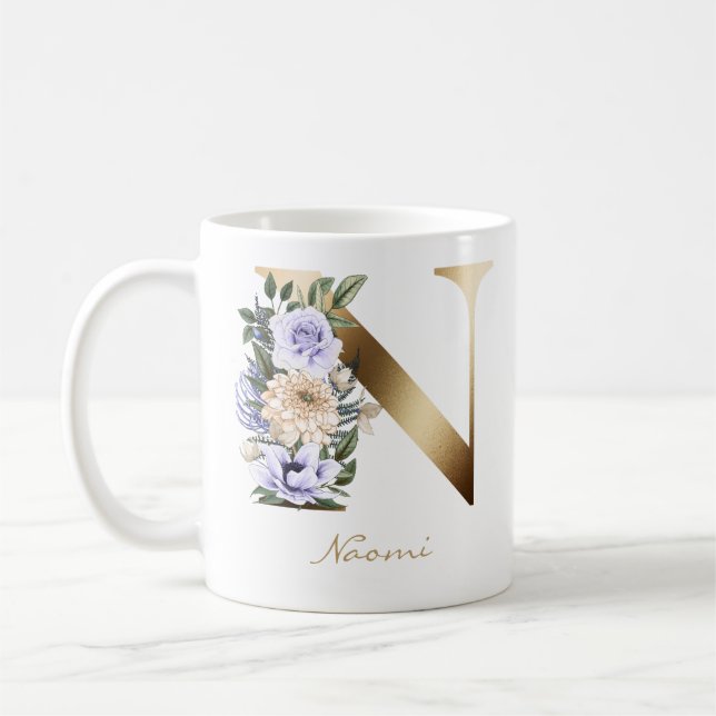 Letter N Gold Monogram Light Purple Cream Floral Coffee Mug (Left)