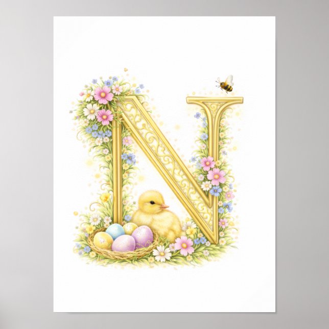Letter N Gold Spring Nature Monogram Duckling Kids Poster (Front)
