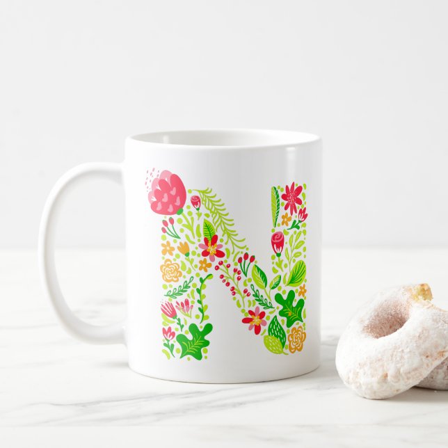 Letter N in Flowers Coffee Mug (With Donut)