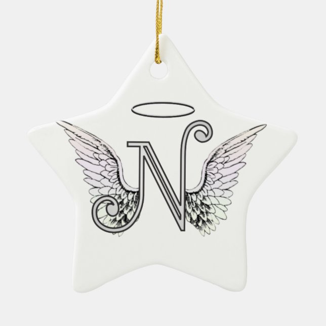 Letter N Initial Monogram with Angel Wings & Halo Ceramic Ornament (Front)