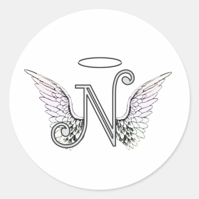 Letter N Initial Monogram with Angel Wings & Halo Classic Round Sticker (Front)