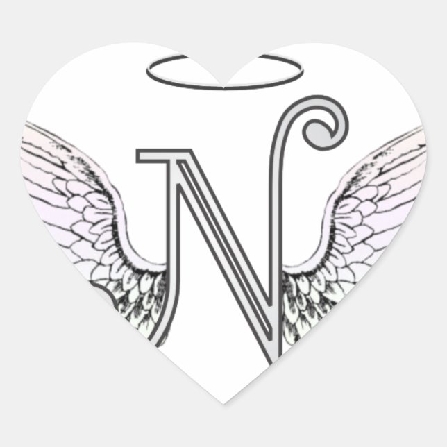 Letter N Initial Monogram with Angel Wings & Halo Heart Sticker (Front)