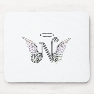 Letter N Initial Monogram with Angel Wings & Halo Mouse Pad