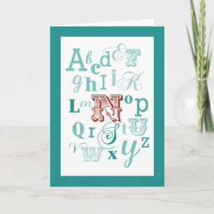 Letter N Initial Name Alphabet Birthday Teal & Red Card