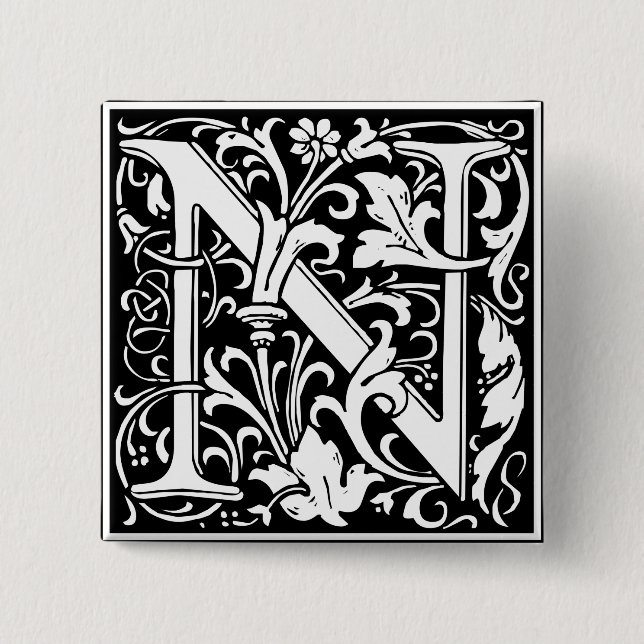 Letter N Mediaeval Monogram Art Nouveau 15 Cm Square Badge (Front)