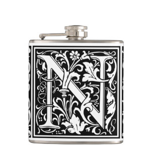 Letter N Mediaeval Monogram Art Nouveau Hip Flask