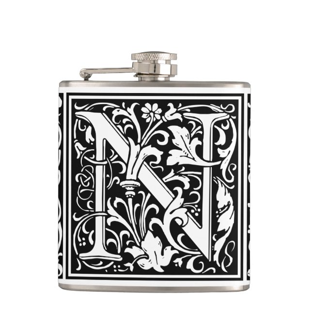 Letter N Mediaeval Monogram Art Nouveau Hip Flask (Front)