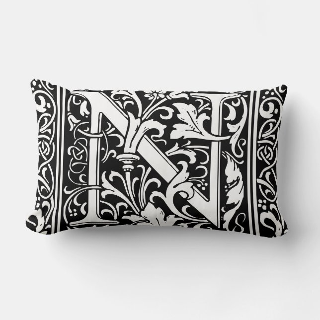 Letter N Mediaeval Monogram Art Nouveau Lumbar Cushion (Front)