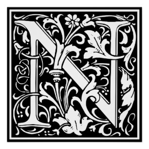 Letter N Mediaeval Monogram Art Nouveau Poster