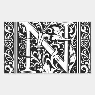 Letter N Mediaeval Monogram Art Nouveau Rectangular Sticker