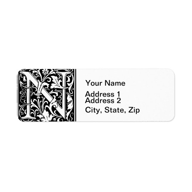 Letter N Mediaeval Monogram Art Nouveau Return Address Label (Front)