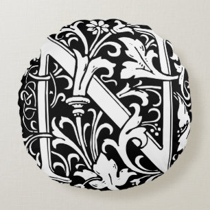 Letter N Mediaeval Monogram Art Nouveau Round Cushion