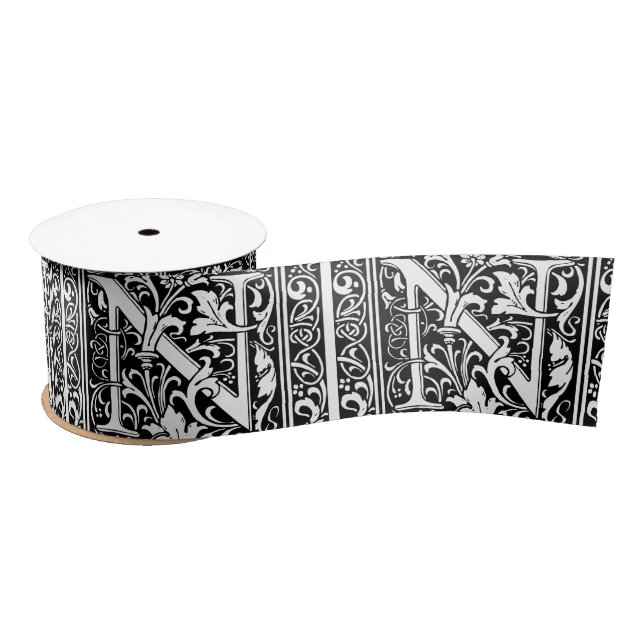 Letter N Mediaeval Monogram Art Nouveau Satin Ribbon (Spool)
