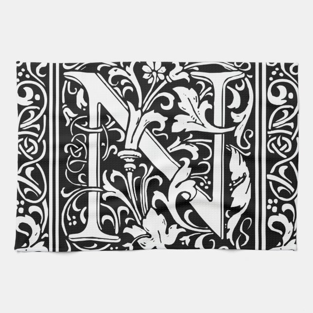 Letter N Mediaeval Monogram Art Nouveau Tea Towel (Horizontal)