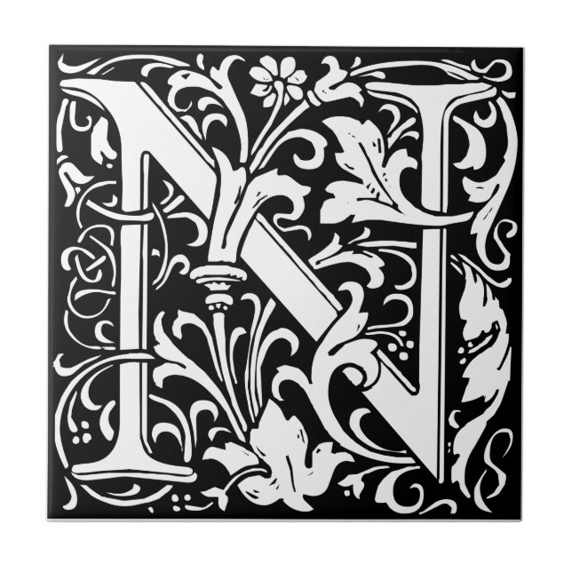 Letter N Mediaeval Monogram Art Nouveau Tile (Front)