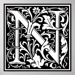 Letter N Mediaeval Monogram Vintage Initial Poster