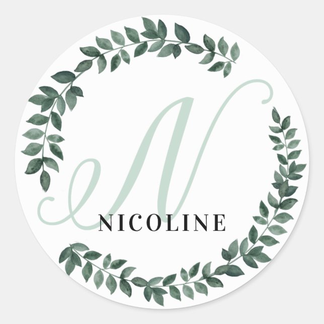 Letter N Monogram Custom Name Minimalist Botanical Classic Round Sticker (Front)