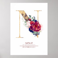 Letter N Monogram Floral Navy Blue and Burgundy