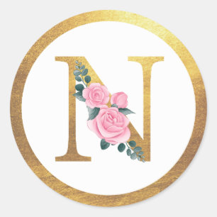 Letter N Monogram Pink Roses Floral & Elegant Gold Classic Round Sticker