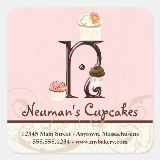 Letter N Monogram Watercolor Cupcake Logo Business Square Sticker (Front)