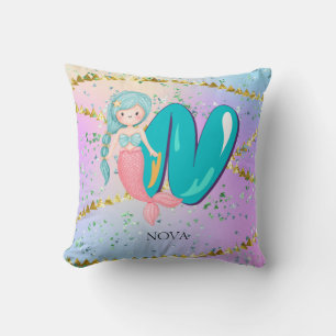 Letter N Monogram Watercolor Cute Mermaid Nursery Cushion
