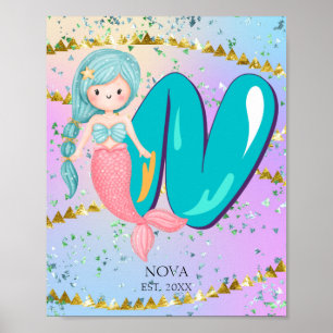 Letter N Monogram Watercolor Cute Mermaid Nursery Poster