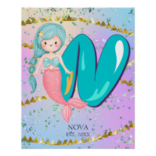 Letter N Monogram Watercolor Cute Mermaid Nursery Poster
