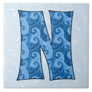 Letter N - Monogrammed Blue Paisley Tile
