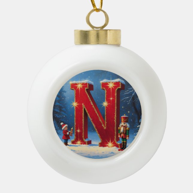 Letter N Nutcracker Personalised Monogram Holiday  Ceramic Ball Christmas Ornament (Front)