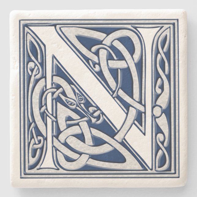 Letter N with Celtic Dragons Stone Coaster (Front)