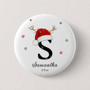 Letter Name Santa Hat   Monogram   Custom Initial 6 Cm Round Badge