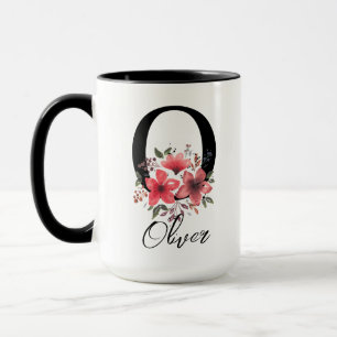 Letter O Black Monogram Pink Floral Arrangement Mug