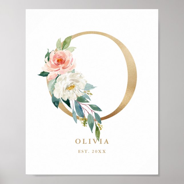 Letter O Blush Floral Monogram Gold Foil Nursery Poster (Front)