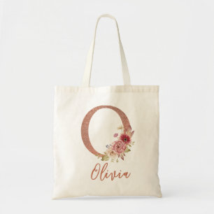 Letter O Blush pink Glitter Floral Monogram  Tote Bag