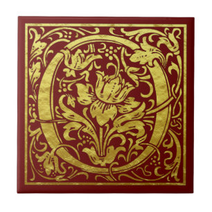 Letter O First Letter Faux Gold Red Ceramic Tile