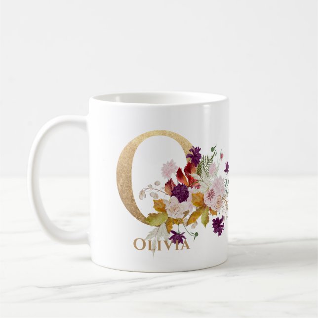 Letter O - Gold Floral Name sister coworker friend Coffee Mug (Left)