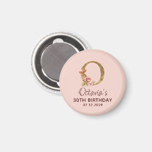 Letter O Gold Monogram Blush Pink Roses Magnet