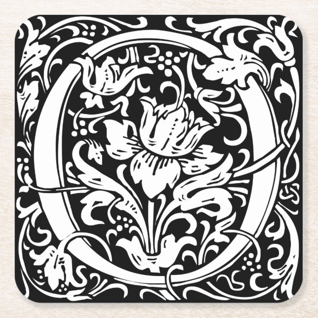 Letter O Mediaeval Monogram Art Nouveau Square Paper Coaster (Front)