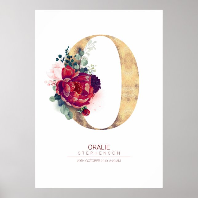 Letter O Monogram Floral Burgundy Red and Gold Poster (Front)