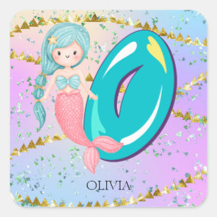 Letter O Monogram Watercolor Cute Mermaid Nursery Square Sticker