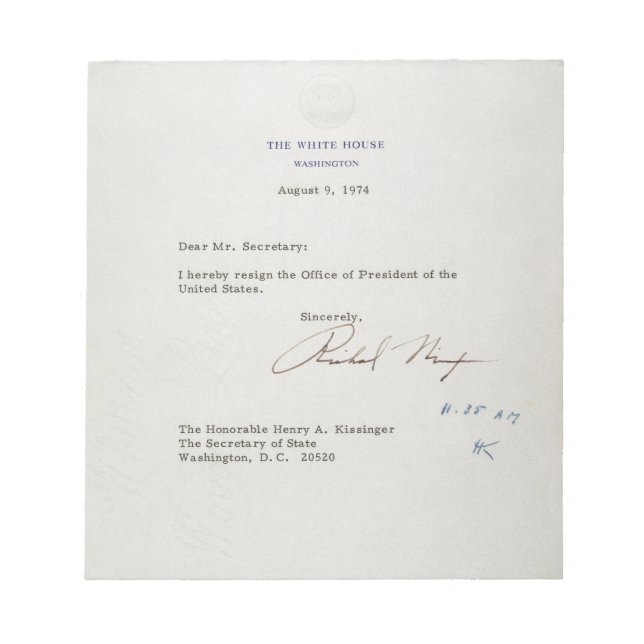 Letter of Resignation of Richard M. Nixon 1974 Notepad (Front)