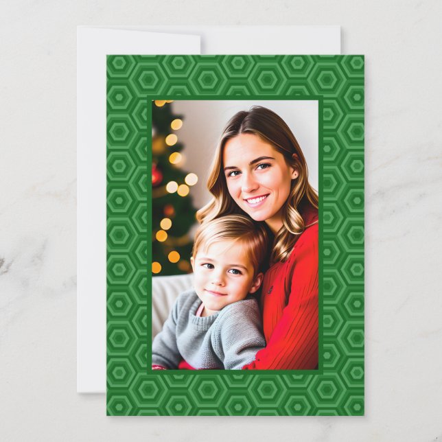 Letter on Back Green Hexagon-Framed Photo Holiday Card (Front)