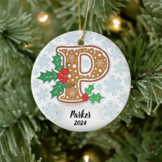 Letter P Custom Name Monogram Christmas Ceramic Ornament