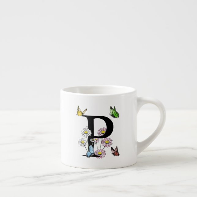 Letter P Floral Butterfly Monogram Initial Espresso Cup (Right)